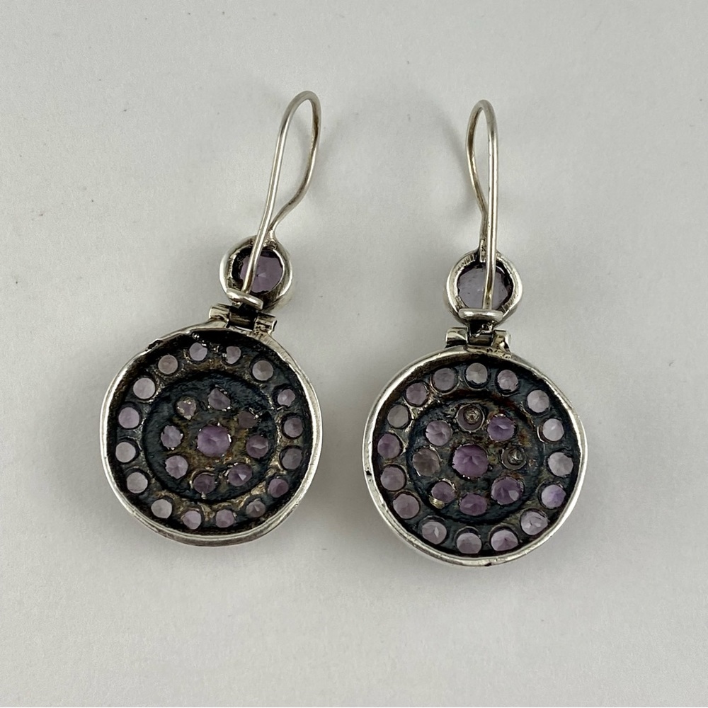 Vintage Amethyst and Silver Medallion Drop Earrings - Picture 6 of 8